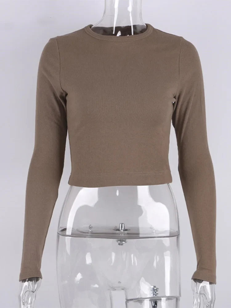 O Neck Long Sleeve Shirt Ribbed Sexy Cropped Tops