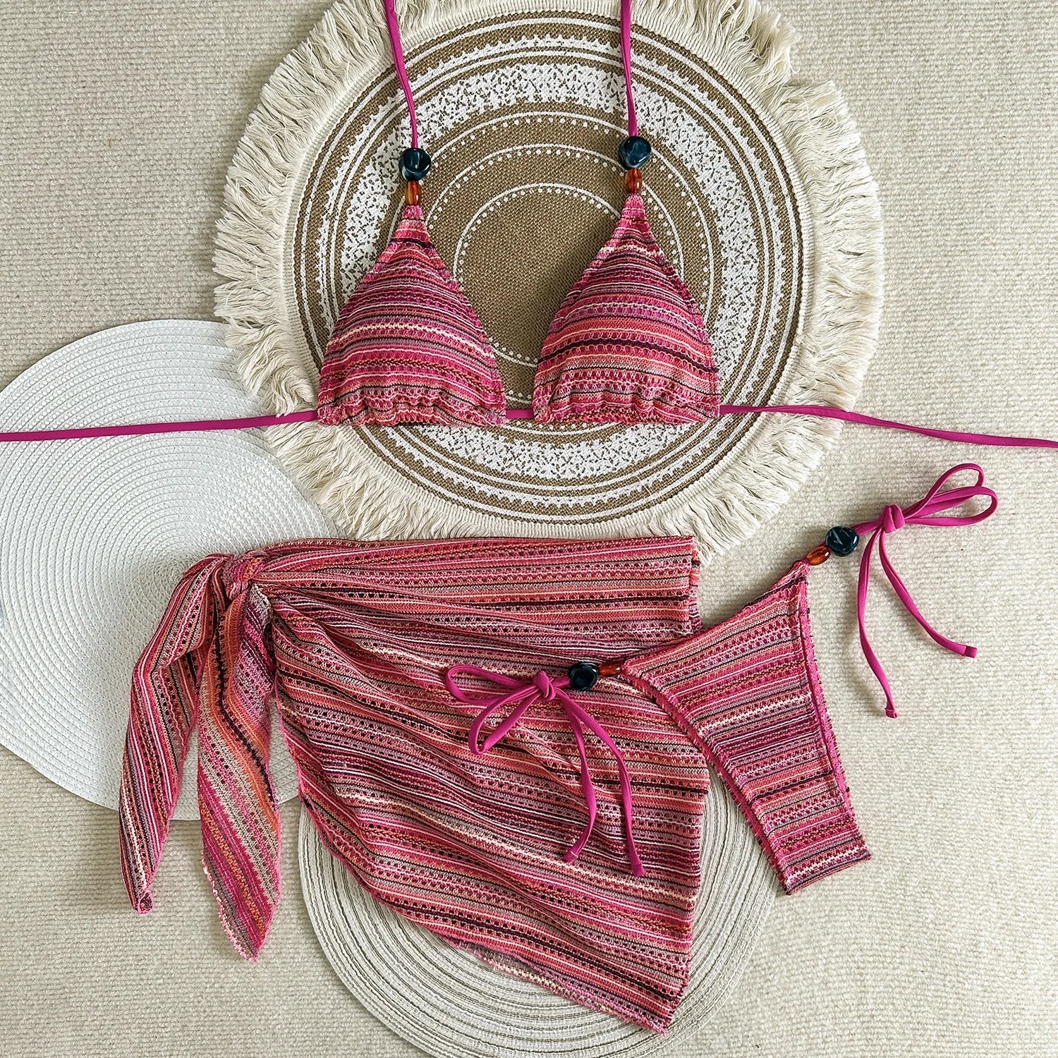 Sexy Blue Striped Knitted Bikini Set