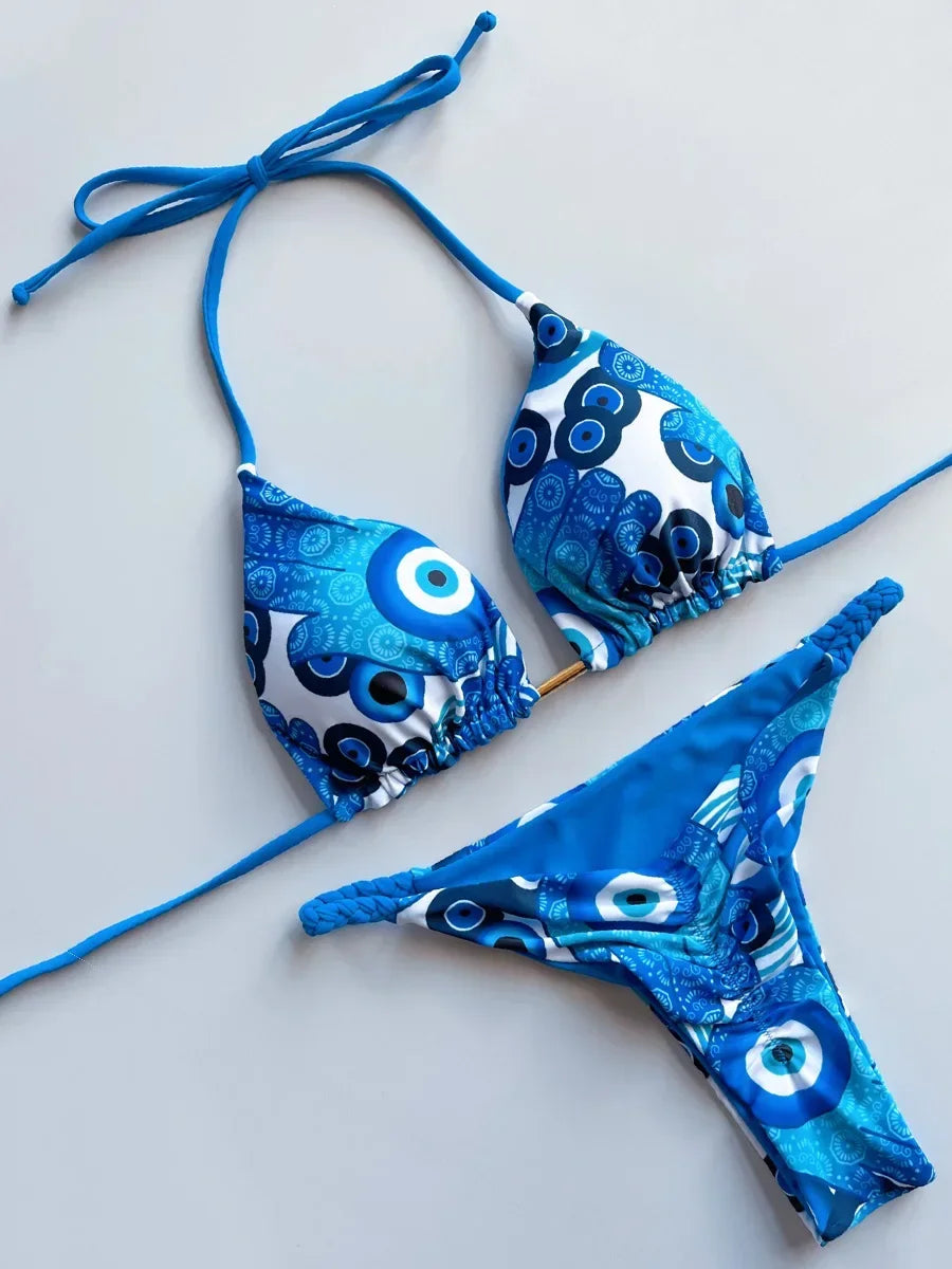 Leopard Halter Scrunch Butt Mini Micro Thong Bikini