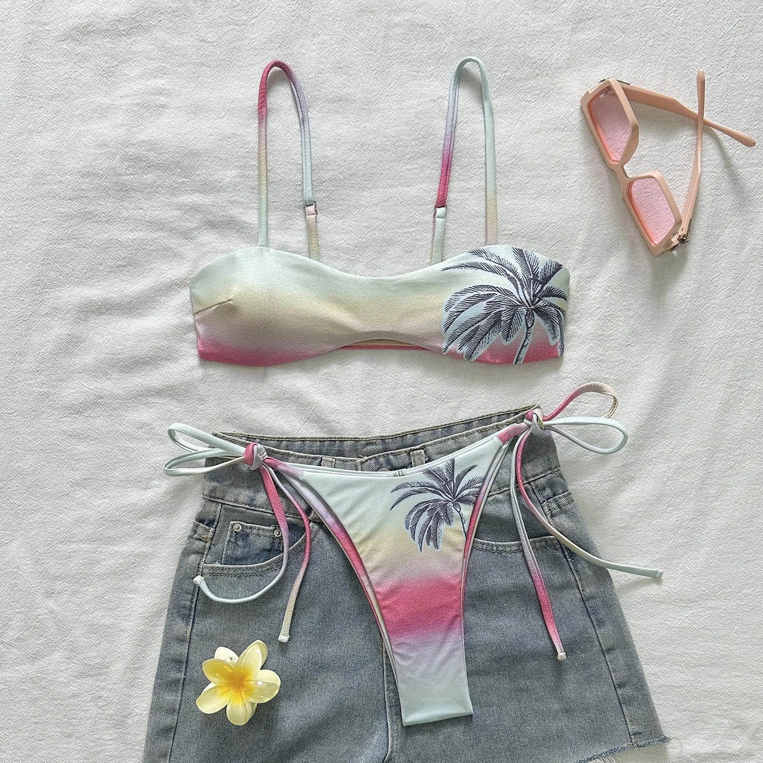 Sexy Pink Gradient Coconut Tree Print Bikini Set