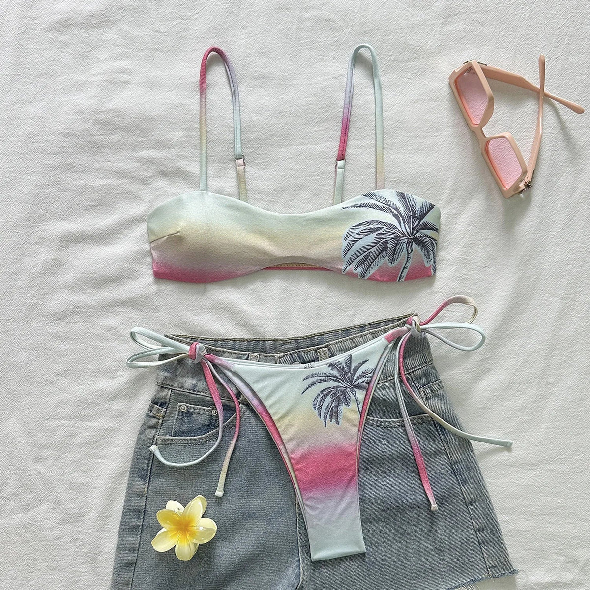 Sexy Pink Gradient Coconut Tree Print Bikini Set