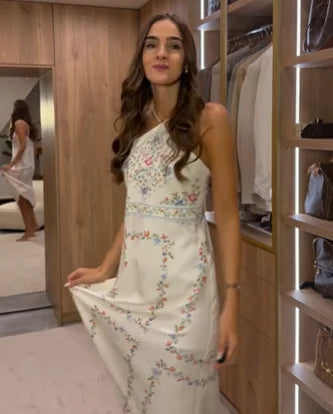 White Linen Halter Cross Back Strap Long Dress
