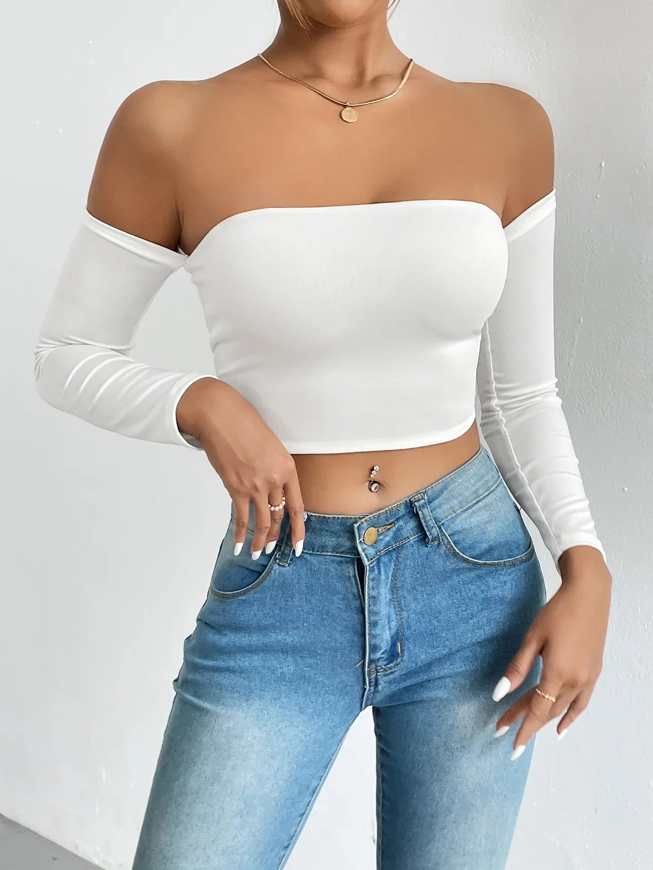 Women's Off Shoulder Long Sleeve Crop Top