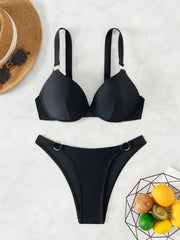 Sexy Black Swimwear Metal Ring Push Up Padded Bra Bikini Set