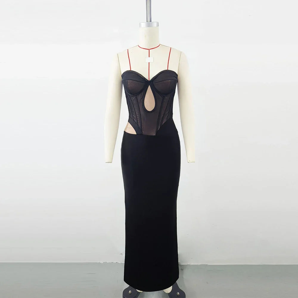 Black Mesh Patwork Bandage Evening Dress