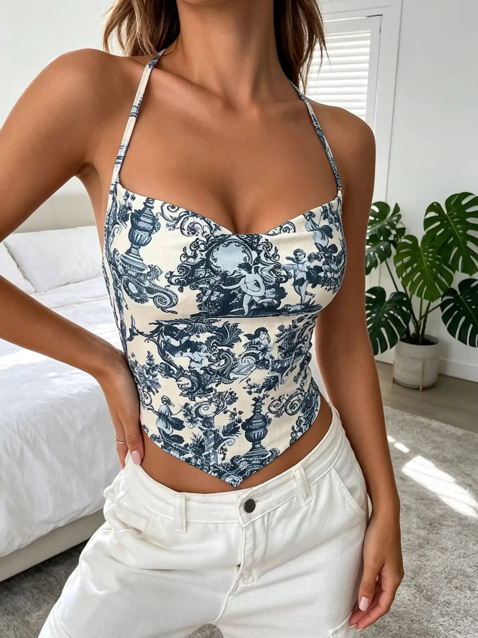New Y2K Irregular Cut Print Halter Crop Top