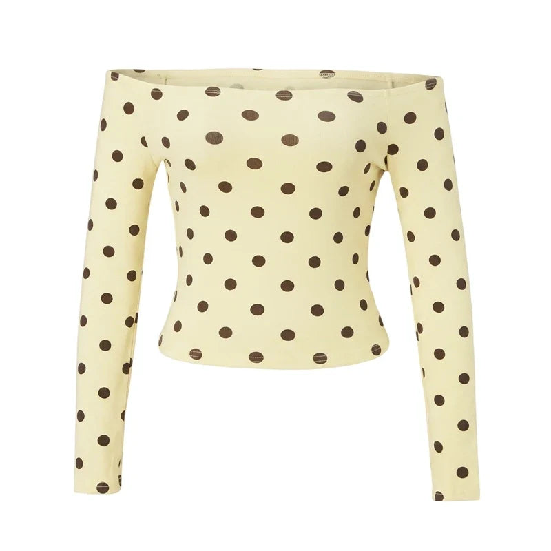 Polka Dot Off Shoulder T-shirt Stretchy Slim Fitted Long Sleeve Blouse Y2K Vintage Coquette Retro Daily Going Out Crop Top