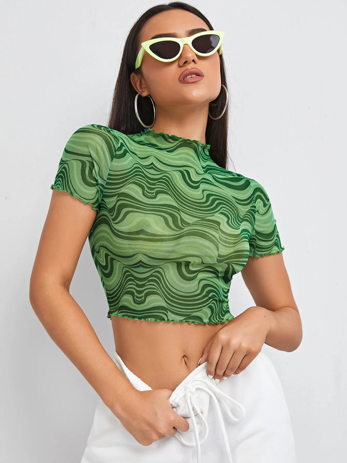 Chic Swirl Print Mesh Crop Top