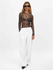 Mesh Shirt Long Sleeve Leopard Print Crop Top