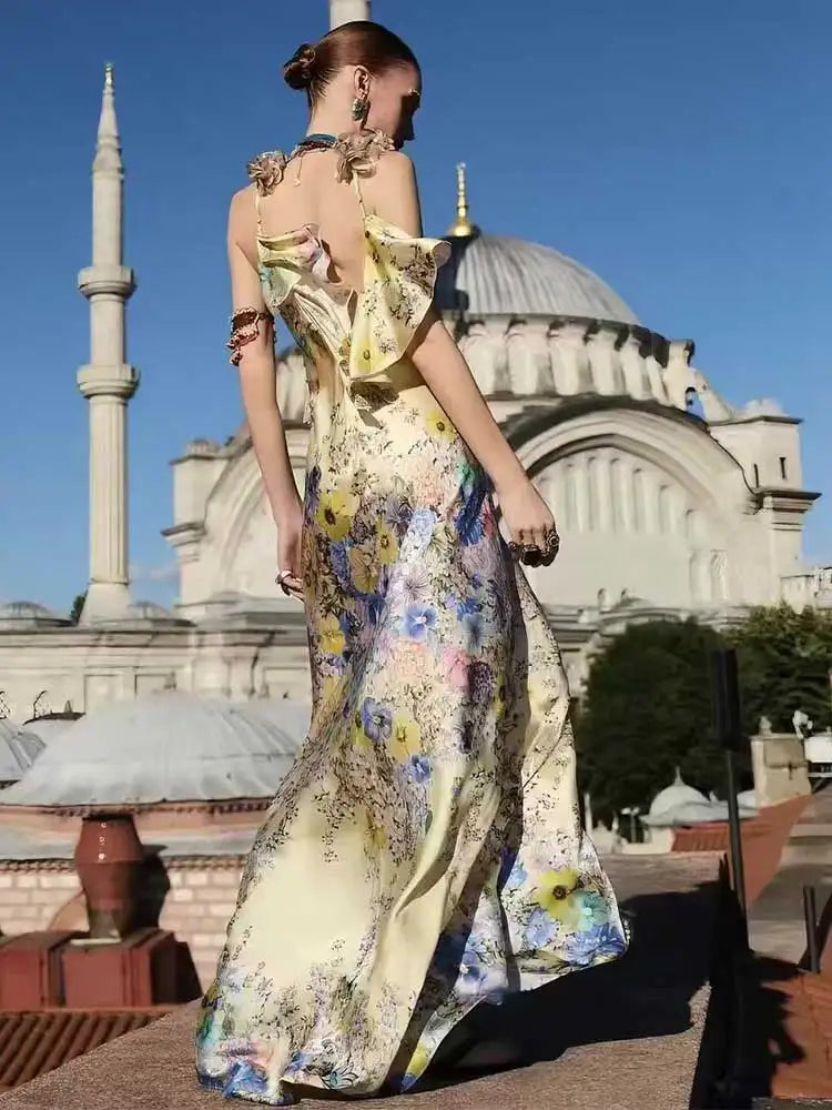 Floral Print Sleeveless Sling Maxi Dress