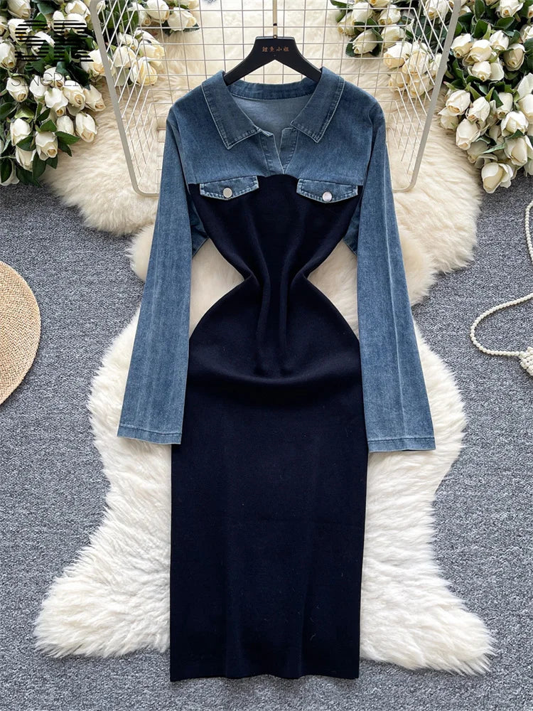 Retro Denim Splice Knit Dress