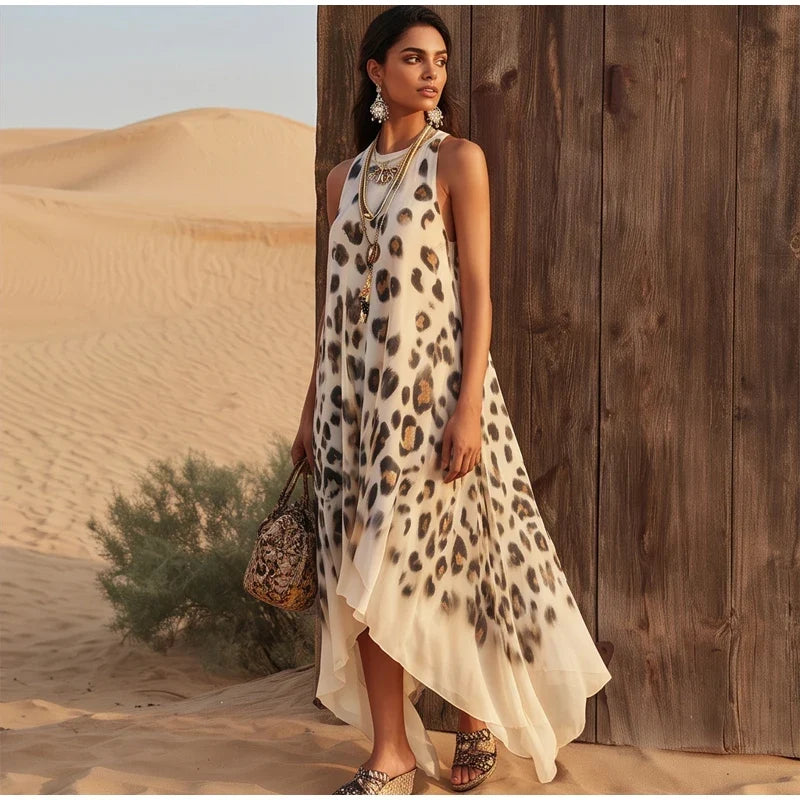 Leopard Print Chiffon Maxi Dress