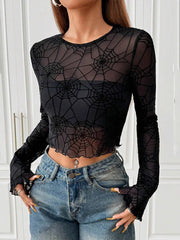 Autumn Winter Black Spider Web Mesh Sheer Long Sleeve Crop Top