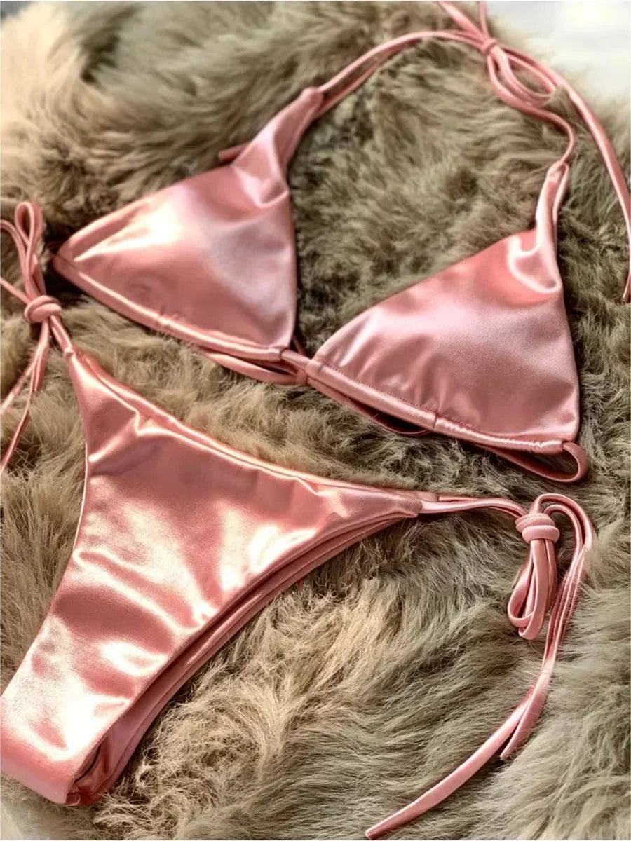 Wrap Around Halter Metallic Satin Bikini