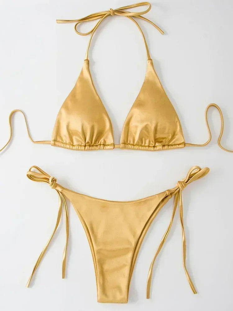 Wrap Around Halter Metallic Satin Bikini
