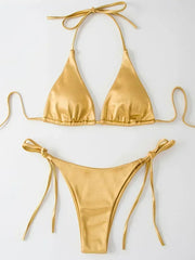 Wrap Around Halter Metallic Satin Bikini