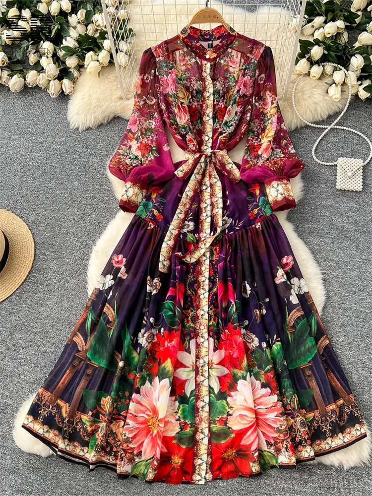 Vintage Print Chiffon Dress