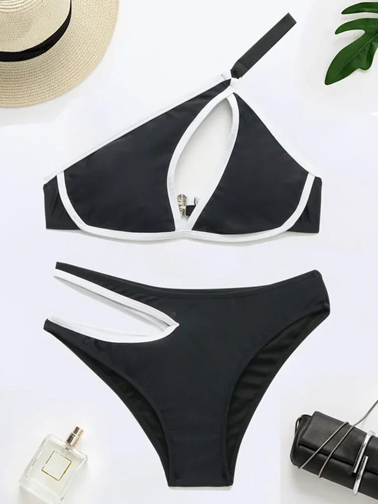 Splicing One Shoulder High Cut Out Bikini