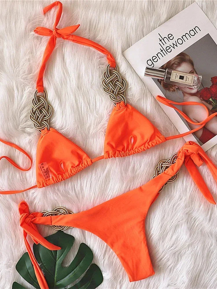 Sexy Orange Weave Patchwork Bikini Set