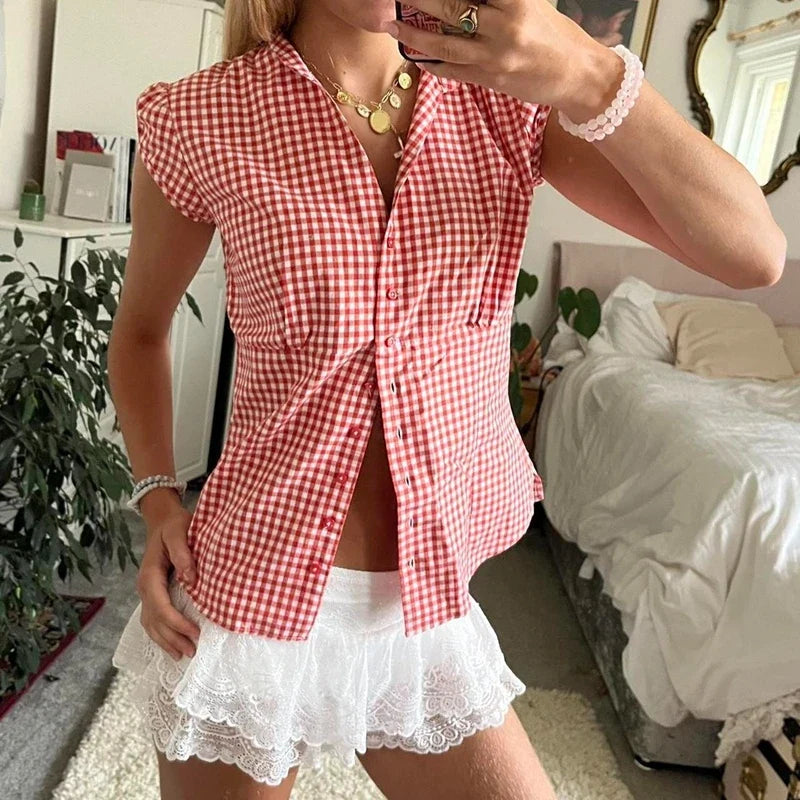 Vintage Plaid Cap Sleeve Fitted Blouse Tops