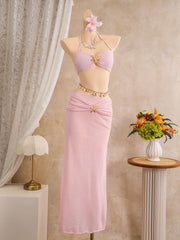 Sexy Pink Mesh Mermaid Skirt 3 Piece Bikini Set