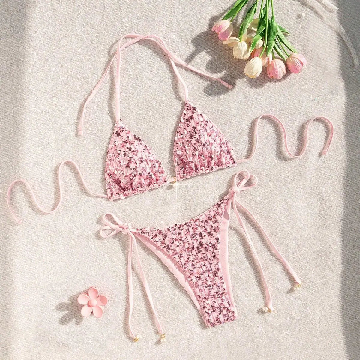 Shiny Pink Sequin Micro Bikini Sets