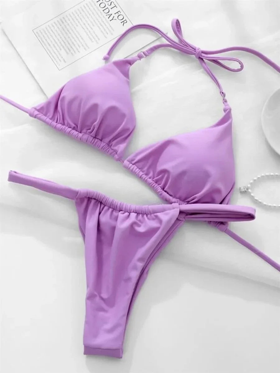 Wrinkled High Cut Mini Micro Thong Bikini