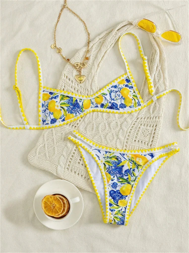 Sexy Yellow Fruit Print Micro Bikini Set