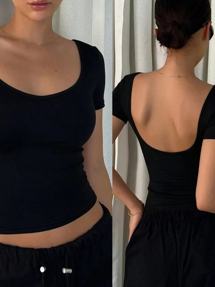 Solid Color Sexy Short Sleeve Cropped Top