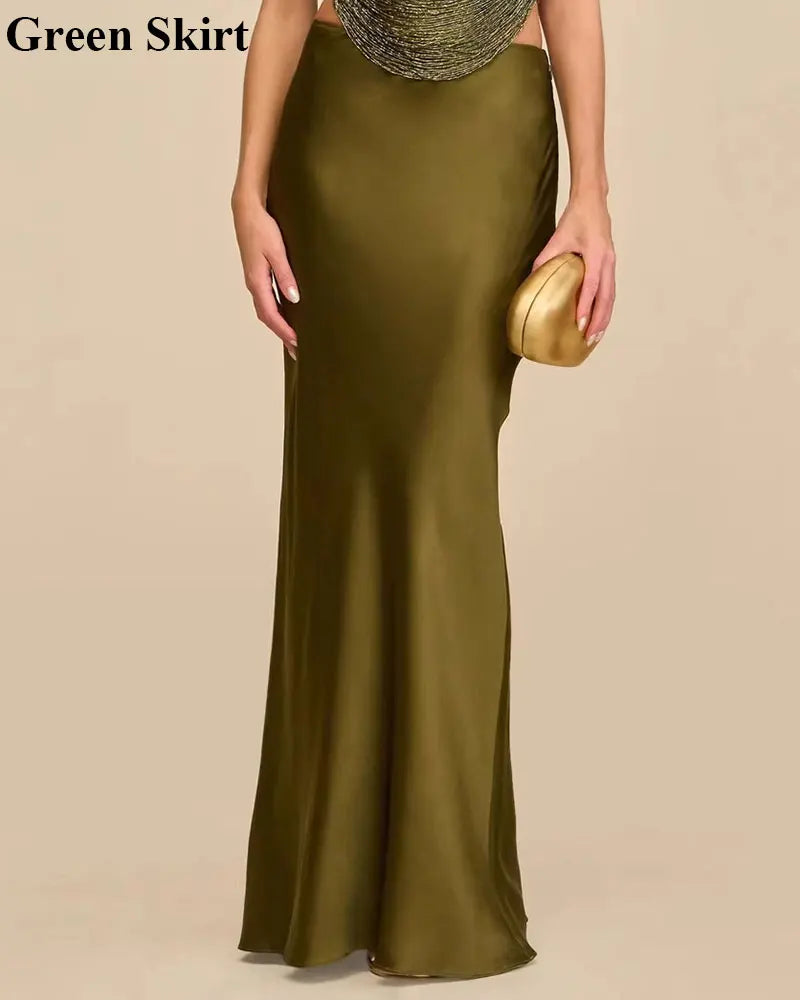 Satin Sexy Tassel Crop Tops Mermaid Long Skirt Sets Elegant Sleeveless Slim Tank Top Vest Party Set