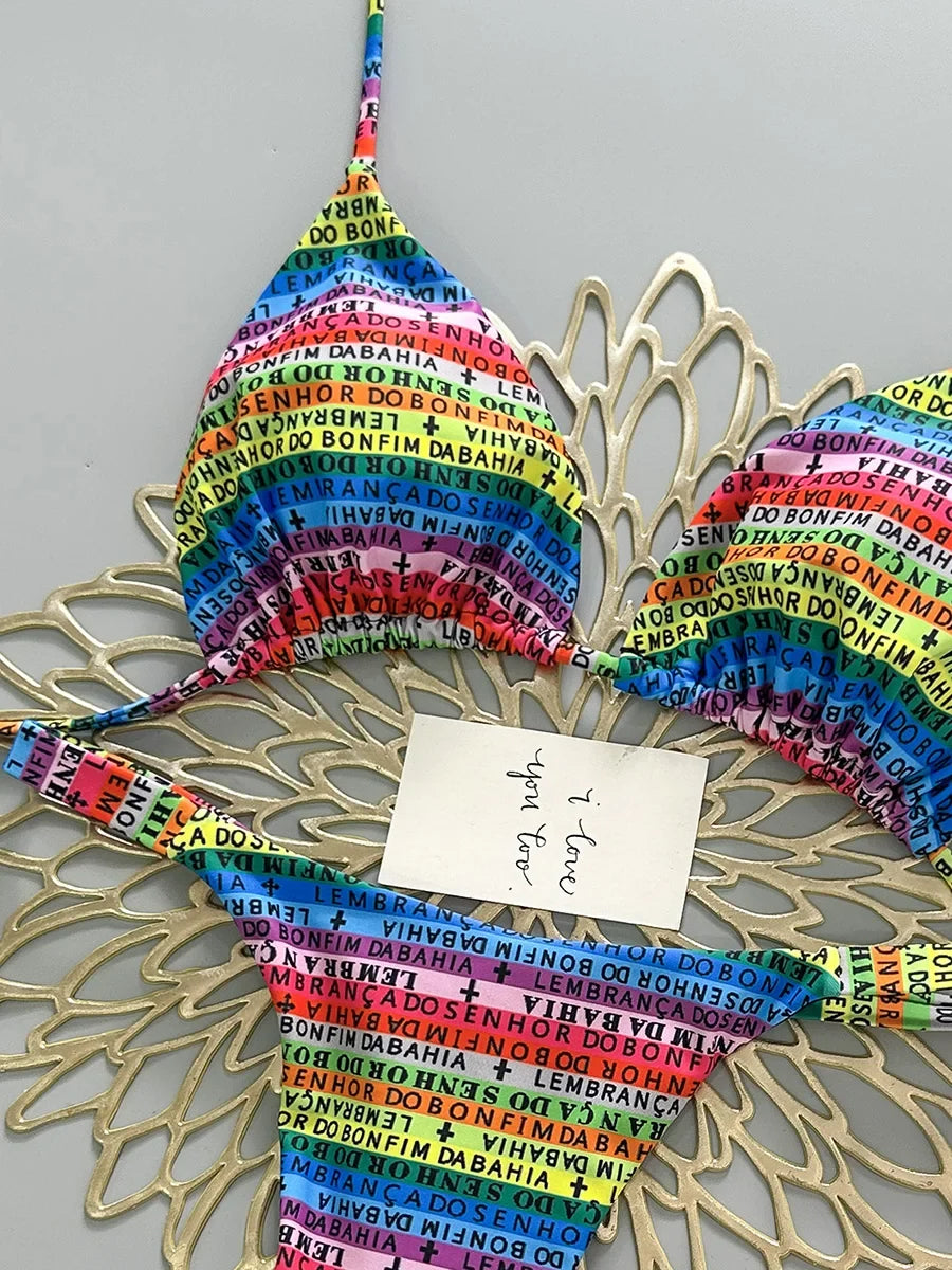 Letters Print Colorful Micro Mini Thong Bikini