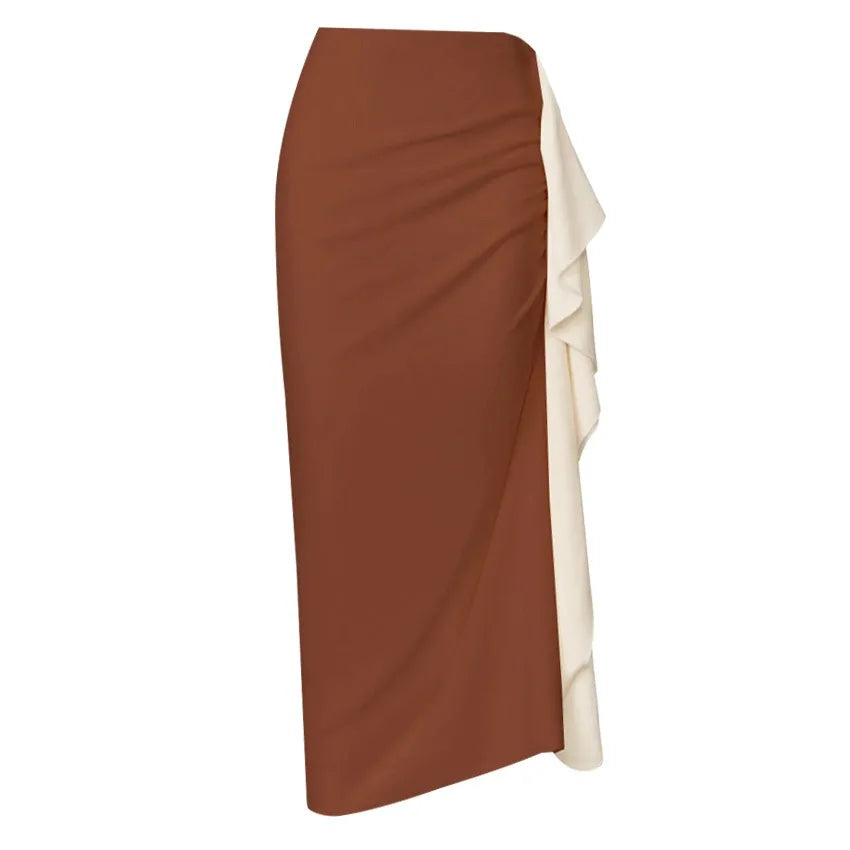 Sexy Coffee Patchwork Long Skirt 3 Piece Swimsuit