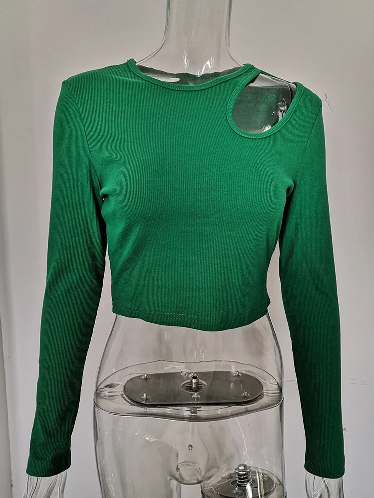 Autumn Winter Ribber Knitted T Shirts Green Spring Cut Out White Basic Long Sleeve Crop Tops