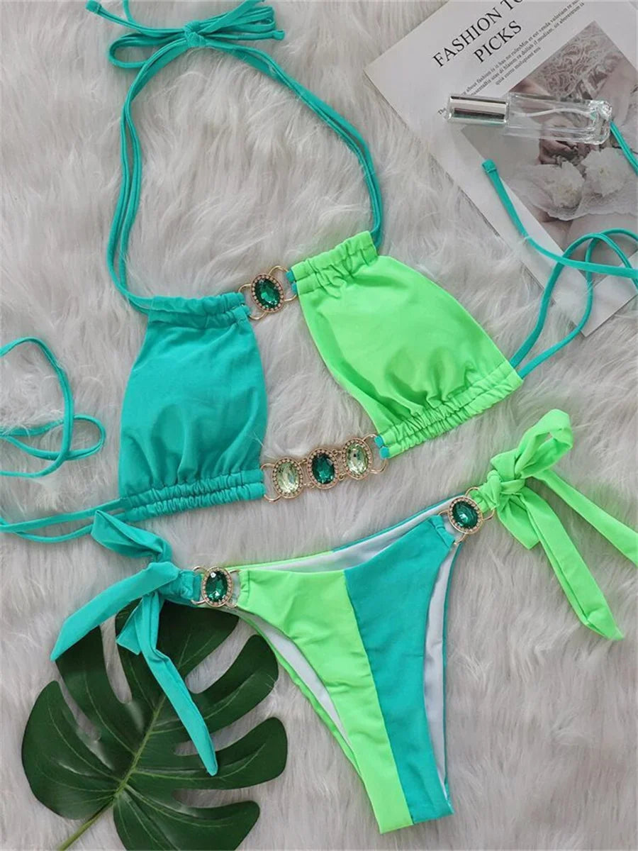 Luxury Rhinestones Splicing Bikini Set
