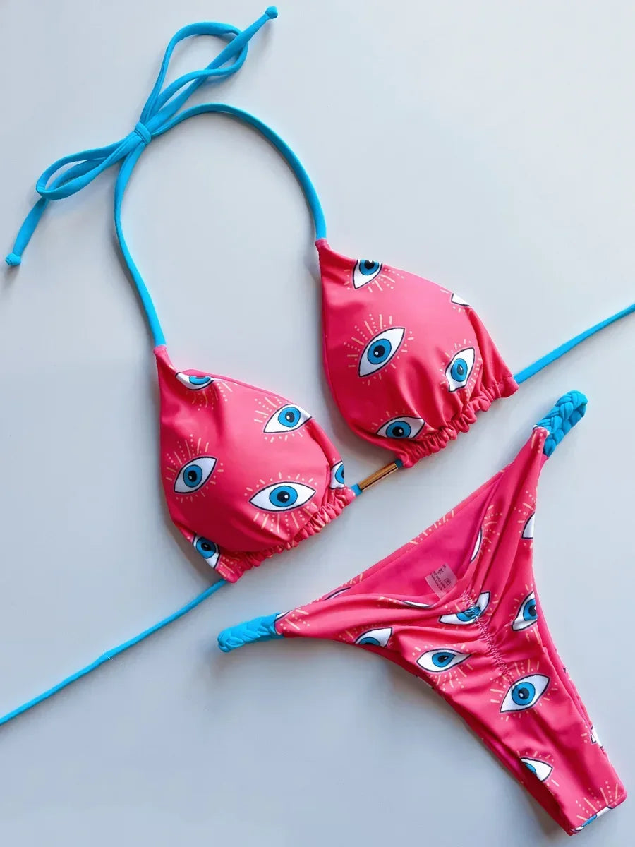 Leopard Halter Scrunch Butt Mini Micro Thong Bikini
