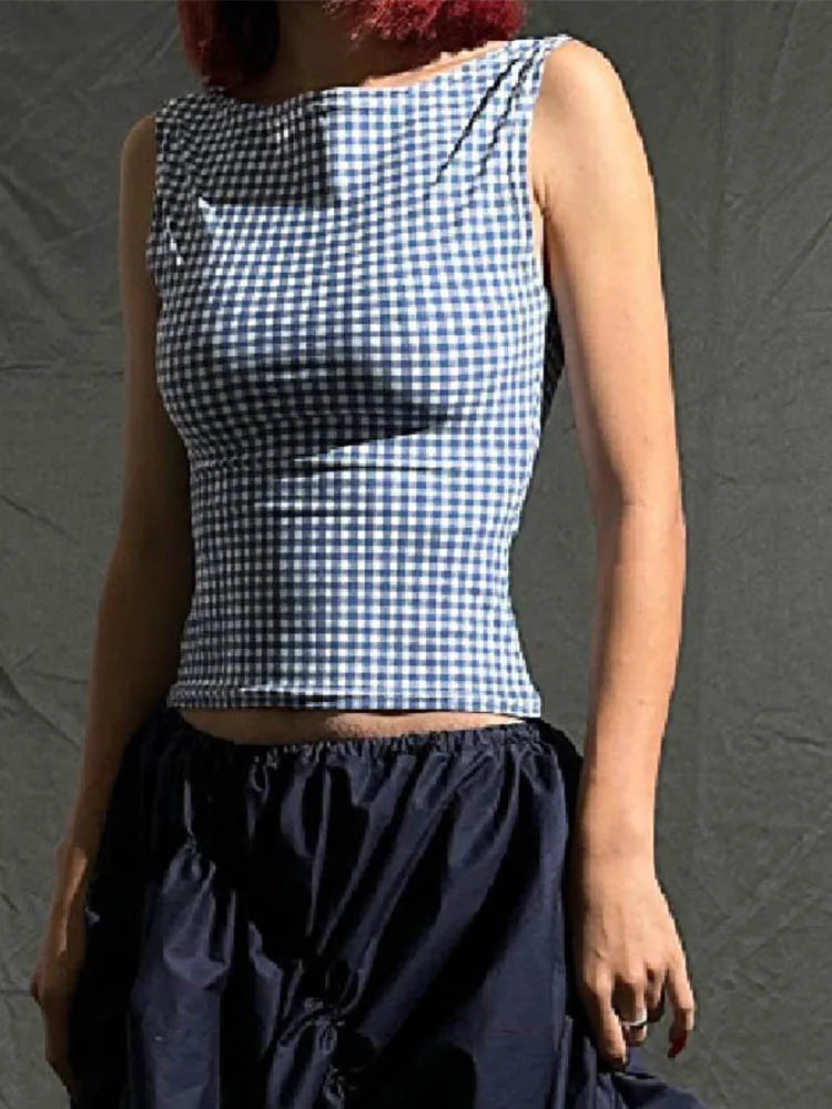 Korean Backless Plaid Print Bow Tie Sleeveless Crop Top
