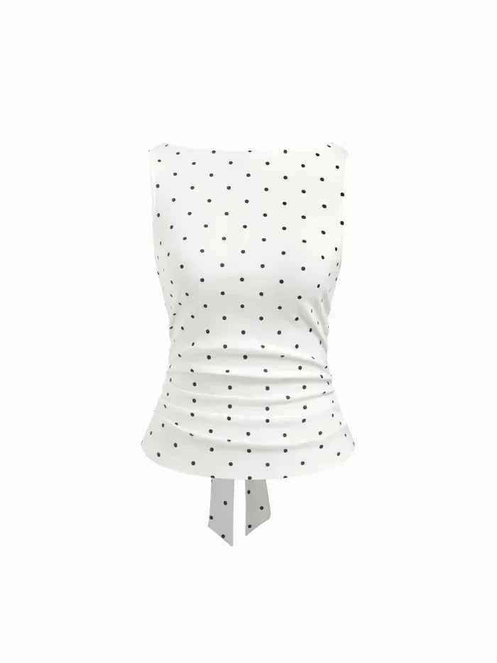Women's Elegant Polka Dots Slim Fit Pleating Waist Boat Collar Tank Top