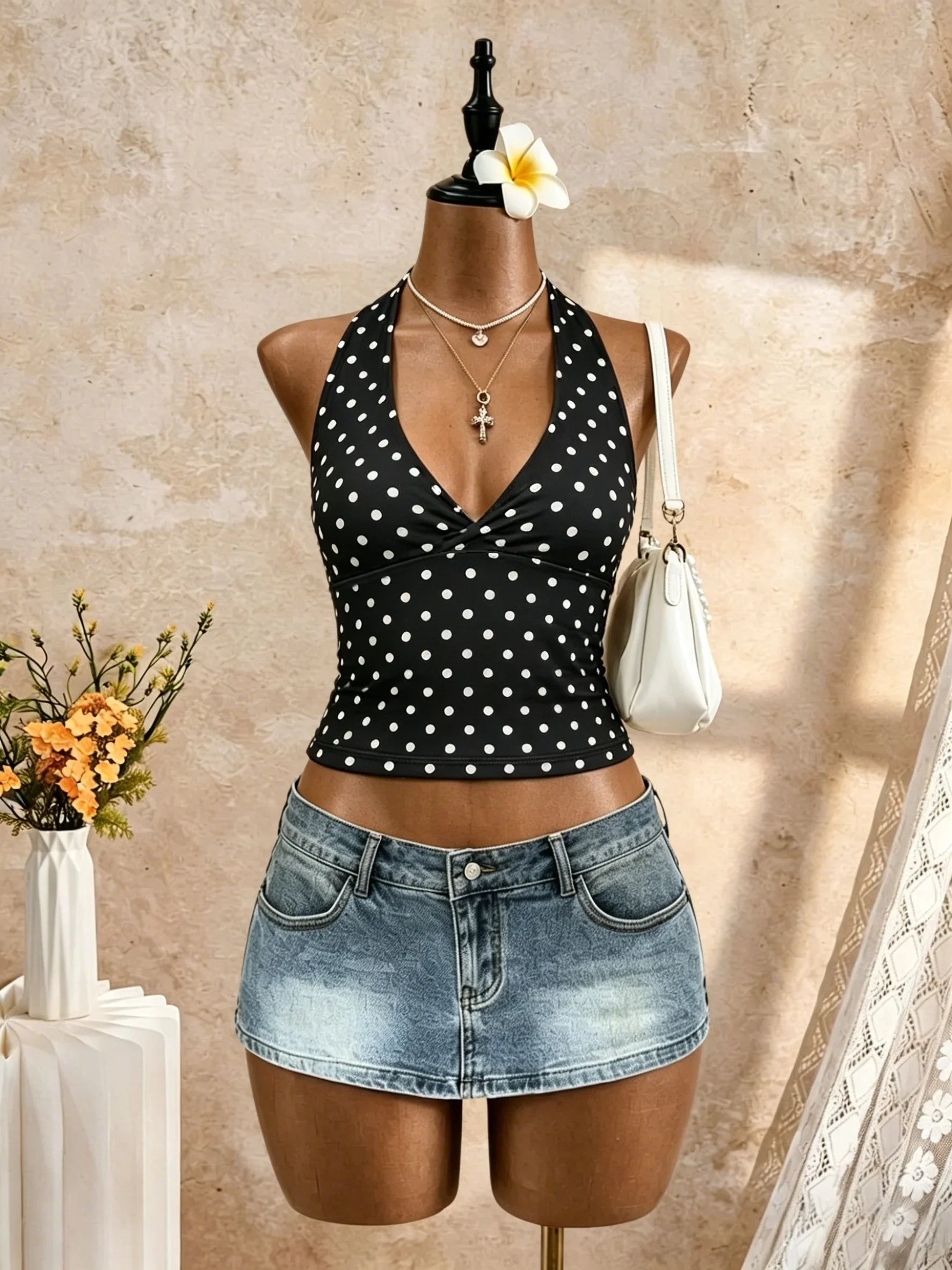 Halter V Neck Polka Dot Print Crop Cami Top