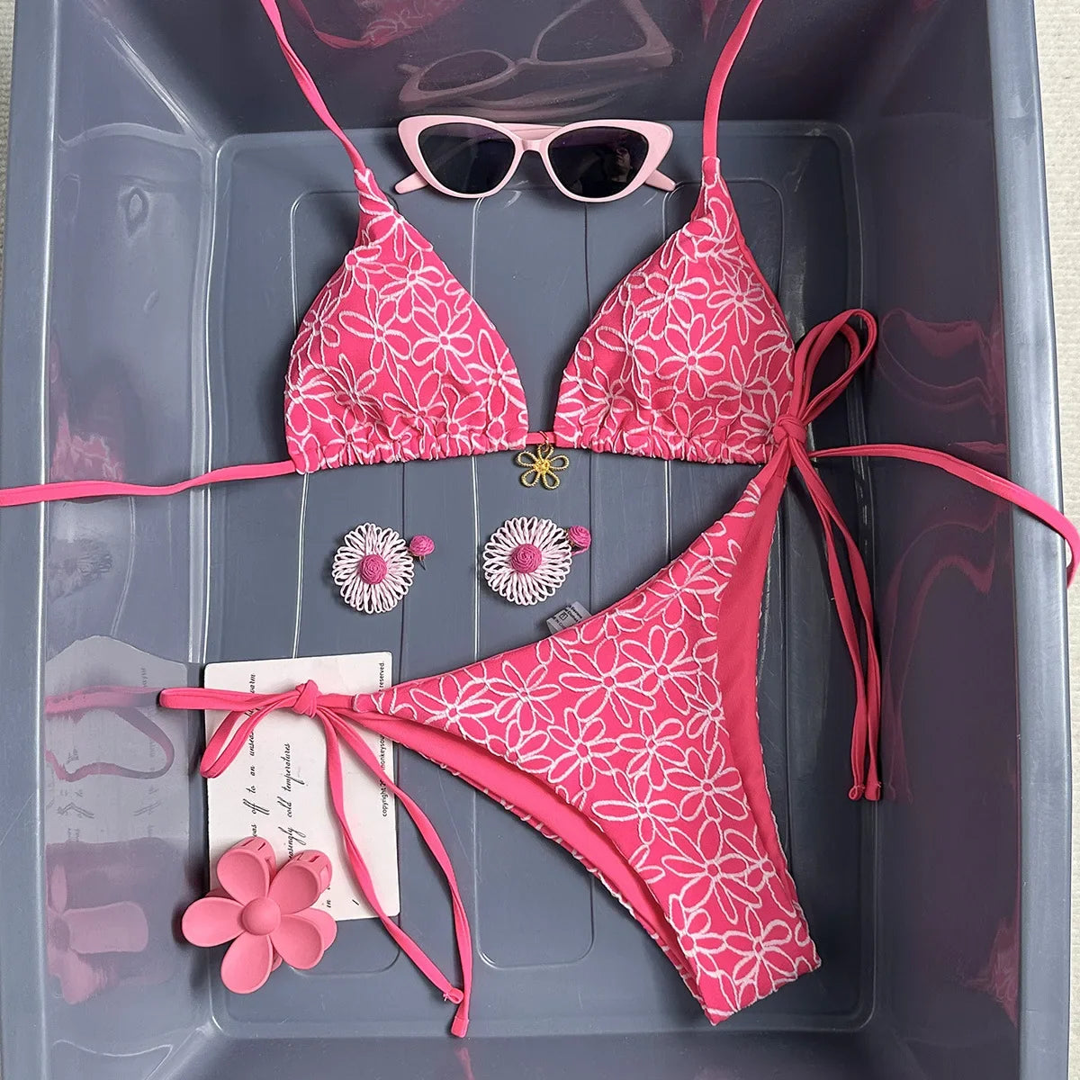 Sexy Pink Mesh Flower Bikini Set