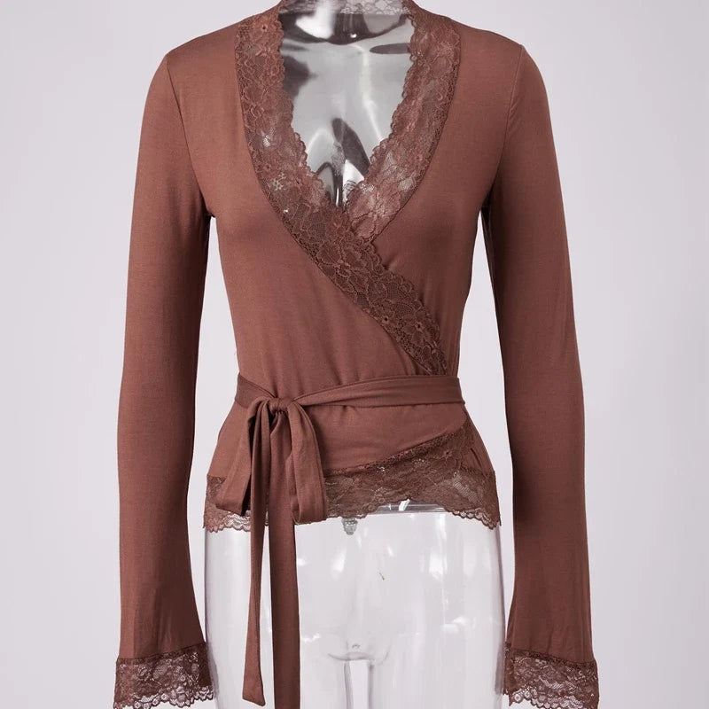 Lace Trim Wrap V Neck T-shirt
