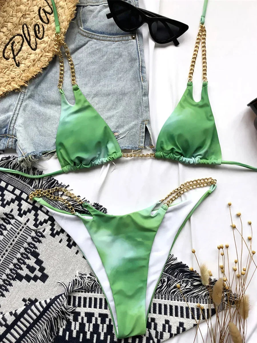 Sexy Halter Metal Chains Brazilian Bikini