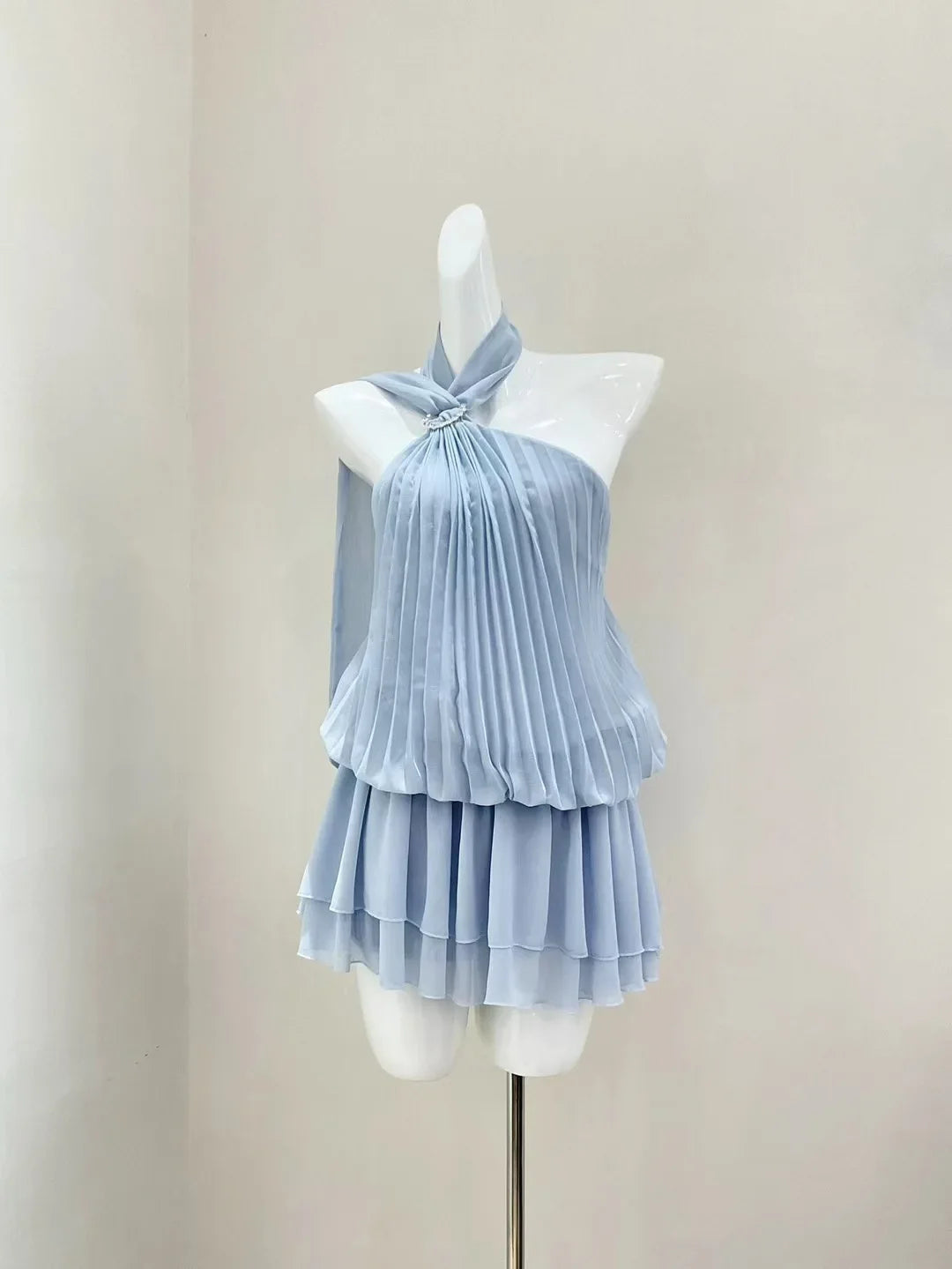 Womens Solid Color Elegant Pleated Halter Ribbon Mini Dress