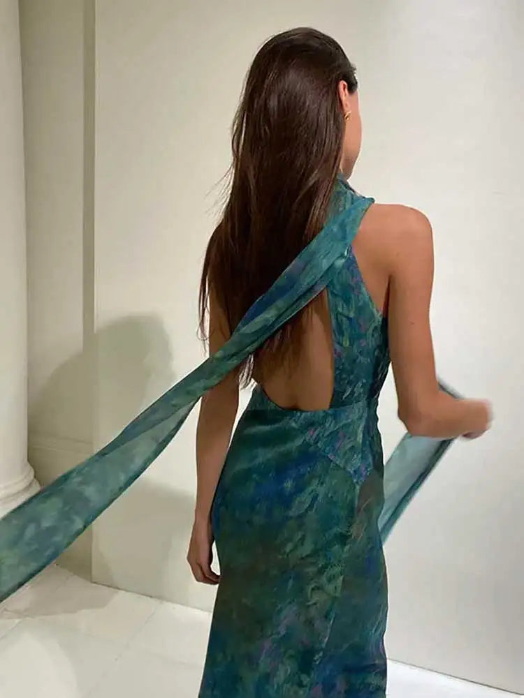 Sexy Print Halter Long Dress