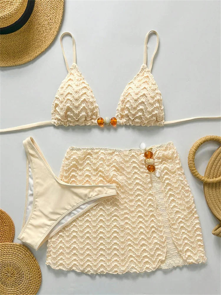 Sexy Coffee Pleate Skirt 3 Piece Swimsuit