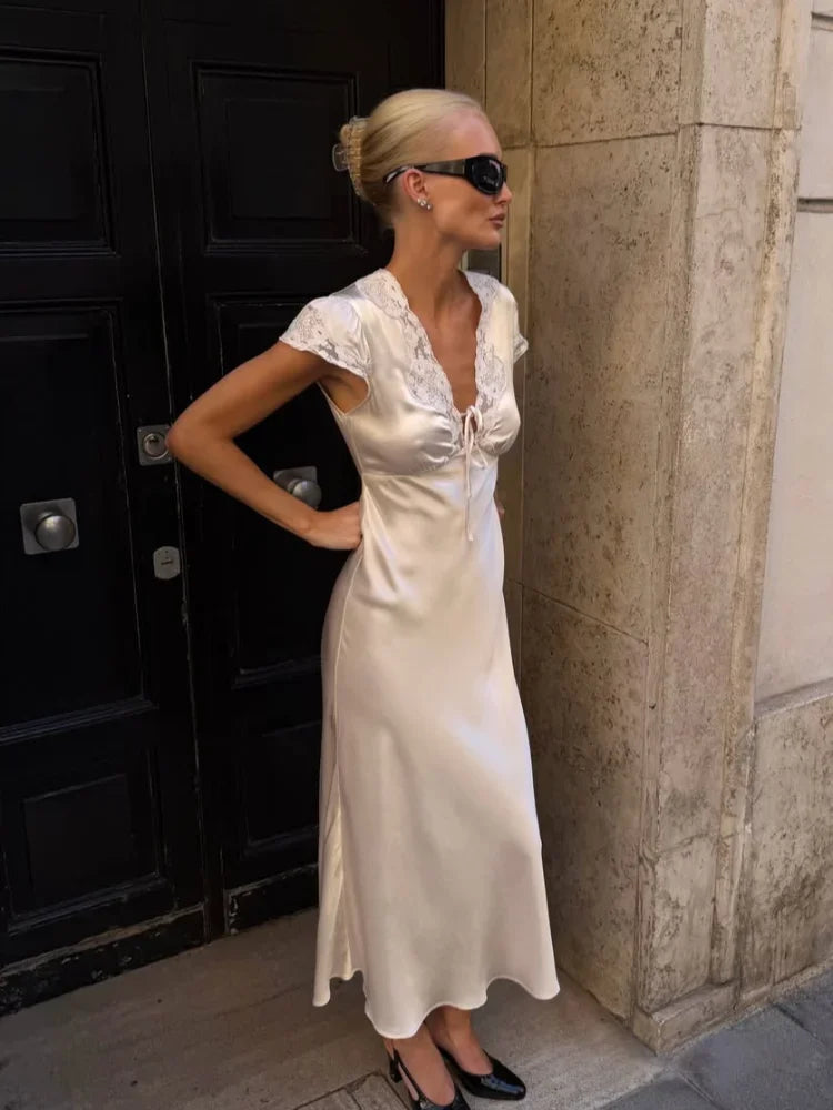 Vintage Silky Slip Midi Gown Lace Neckline Cap Sleeve Empire Flowy Skirt Elegant City Trendy Evening New Daily Outfit
