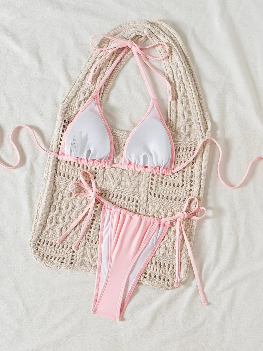 3D Flowers Halter Mini Micro Thong Bikini