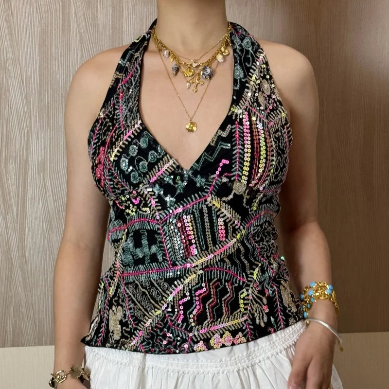 Y2k Colorful Sequin Halter Tank Tops