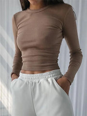 O Neck Long Sleeve Shirt Ribbed Sexy Cropped Tops