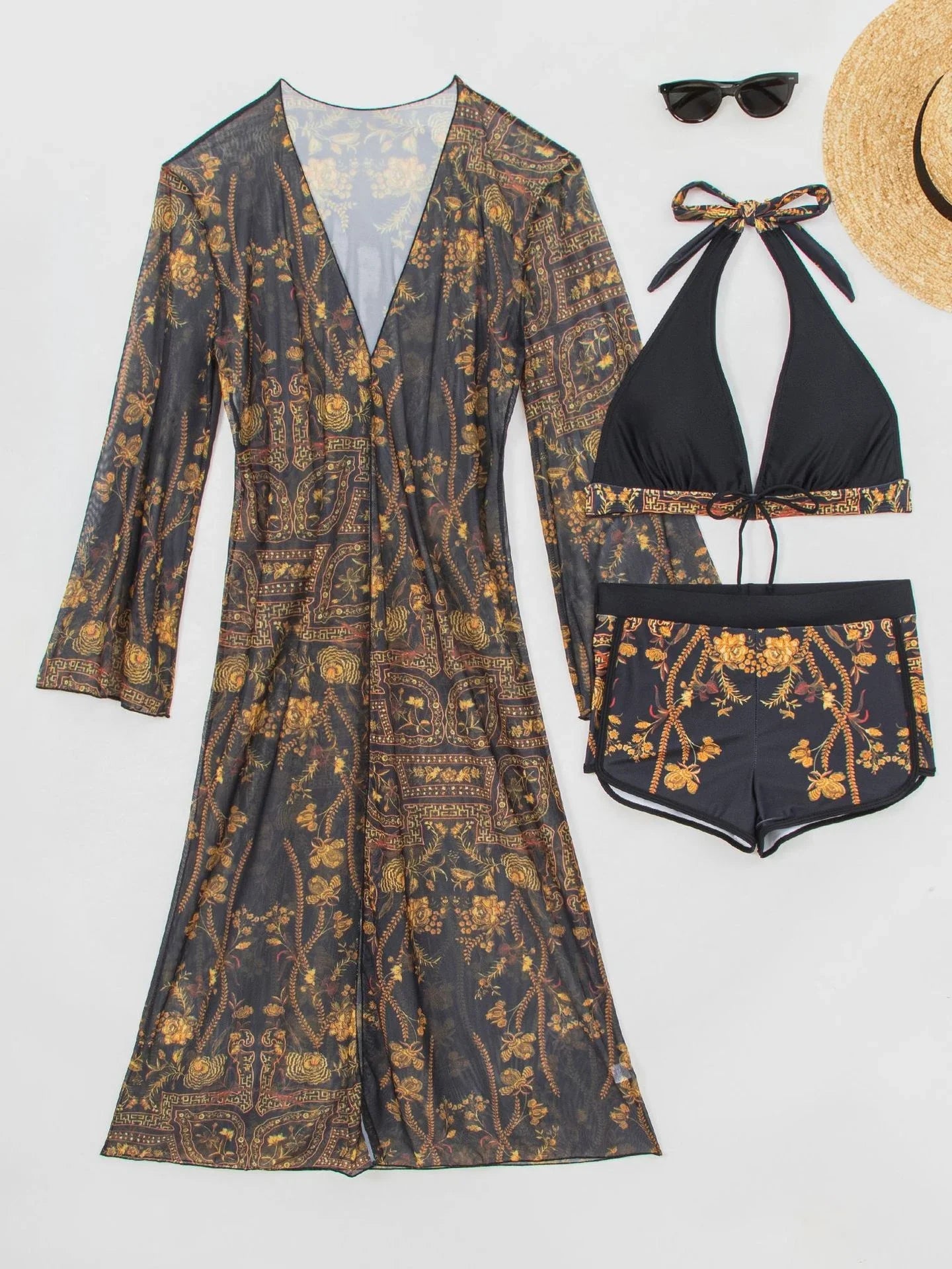 Vintage Floral Print Long Sleeve Cover Up 3 Piece Bikini Set