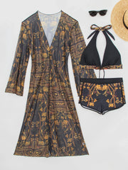 Vintage Floral Print Long Sleeve Cover Up 3 Piece Bikini Set